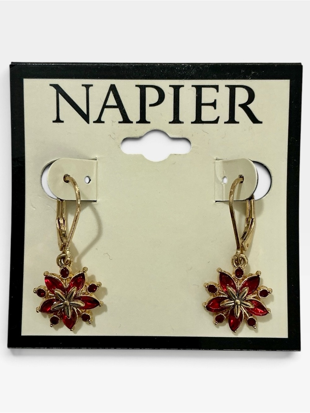Napier Red Poinsettia Flower Christmas Holiday Leverback Gold Tone Earrings